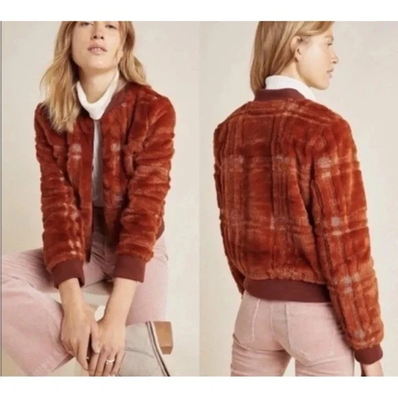 Anthropologie Plaid Teddy Fuzzy Bomber Jacket Size XS - Picture 1 of 14
